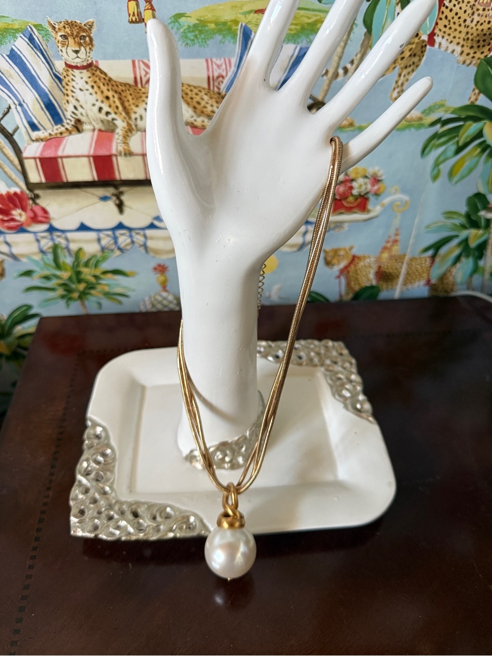 Gold tri Chain and Giant Faux Pearl